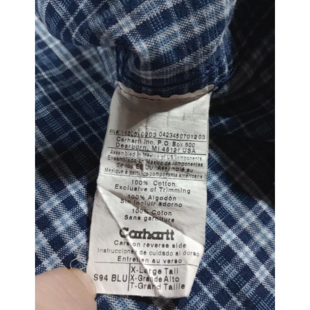 Carhartt S94 Rugged Cotton Long Sleeve Blue Plaid Work Shirt Men's Size XL Tall - Picture 6 of 9